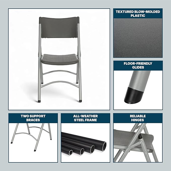 OEF Furnishings OEF600 Series High Back Folding Chairs, Blow-Molded Polyethylene Commercial-Grade Seating for Indoor and Outdoor Use, 500 lb Weight Capacity, 4-Pack (Charcoal Gray)