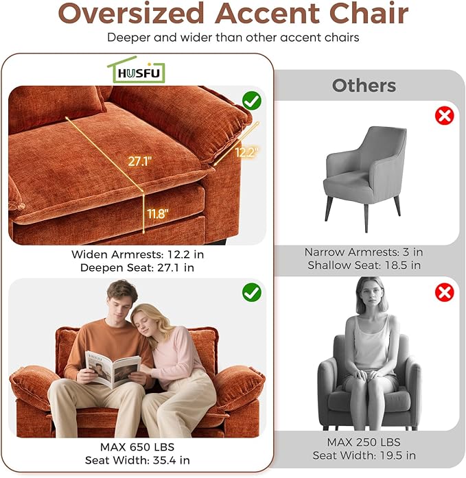 HUSFU 49.5'' W Oversized Accent Chair, Chenille Cloud Sofa Chair with Deep Seat and Extra Wide Armrests, Comfy Reading Armchair for Bedroom, Living Room, Set of 2, Terracotta Orange