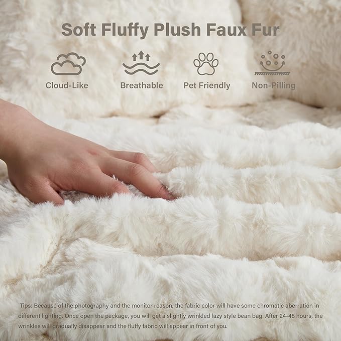 Oversized Chaise Lounge Chair Indoor with Ottoman 55" W x 75" L Round Reading Chair Plush Faux Fur Corduroy Cloud Circle Boneless Chair with 5 Pillows for Living Room - Beige White