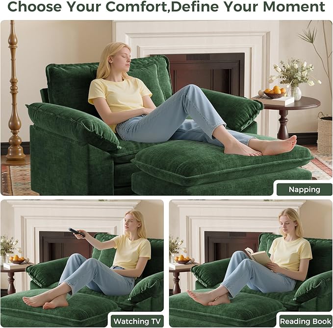 HUSFU Oversized Accent Chair with Ottoman, Chenille Cloud Couch Chair with Deep Seat and Extra Wide Armrests, Comfy Reading Armchair for Bedroom, Living Room, Set of 2, Green