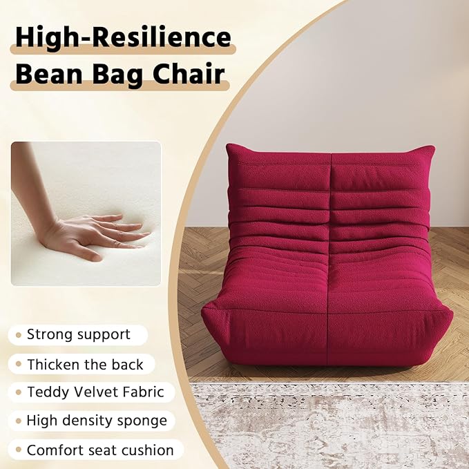 Bean Bag Chair, Fireside Chair, Large Bean Bag Chair for Adults, Bean Bag Chairs for Teens with High-Resilience Foam, Non-Slip Base Floor Lounge Sofa,Living Room (Burgundy, Single)