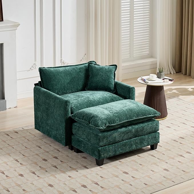 SoarFlash Chenille Sectional Sofa, Comfy Modular Single Sofa with Ottoman, Modern Recliner Deep Seat Sofa Set for Living Room,Green