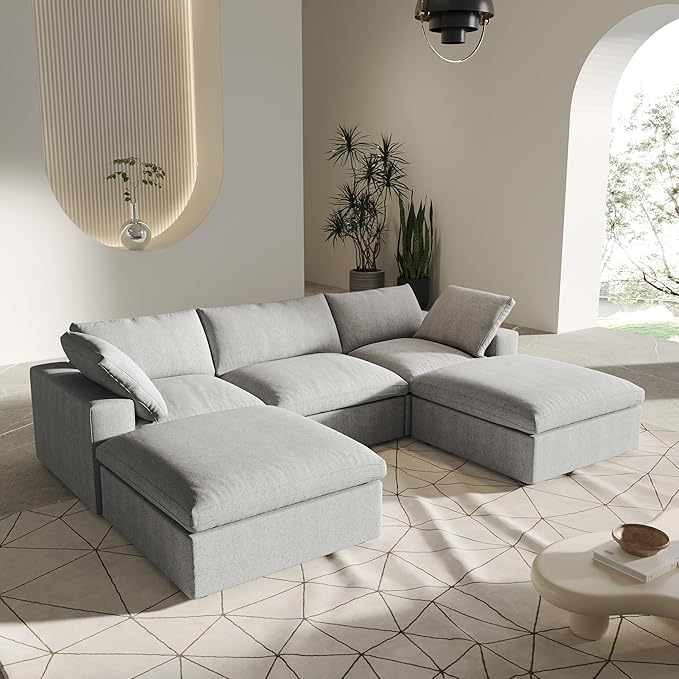 U-Shaped Cloud Sectional Couch, Light Grey Modular Sectional Sofa, Modern Comfy Cloud Sofa with Storage Ottomans, Covers Removable, Convertible Sleeper Couch for Living Room Apartment (Linen Fabric)