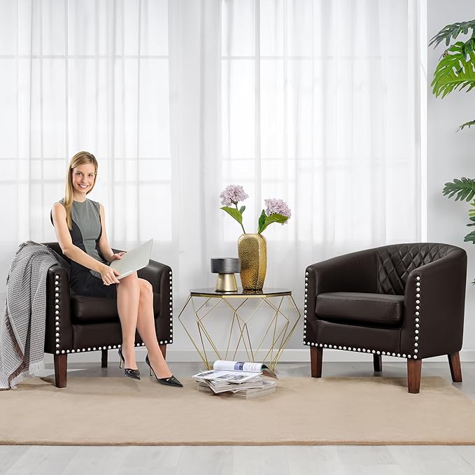 PrimeZone Barrel Chair Set of 2, Comfy Accent Chair, Faux Leather Living Room Chairs Club Chair with Cushion, Nailhead Trim and Diamond Grid Backrest, Reading Chair for Bedroom Waiting Room, Brown