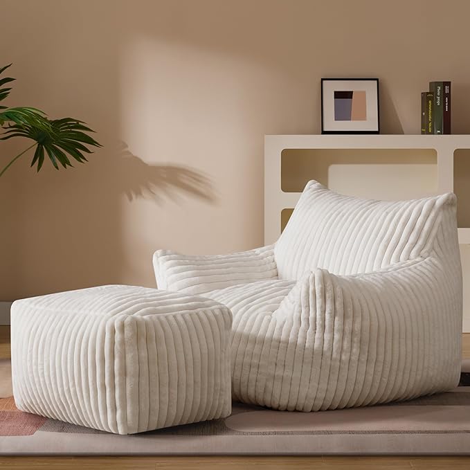 Oversized Bean Bag Chaise Lounge Chair Indoor for Adults with Armrests & Ottoman - Giant Comfy Beige Beanbag Lazy Floor Sofa Cloud Accent Chair for Reading, Gaming, Cozy Fluffy Cloud Mini Couch