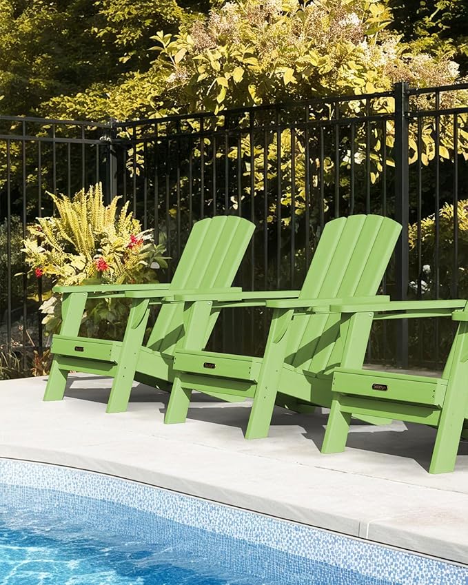 Folding Adirondack Chair, HDPE All-Weather Fire Pit Chairs, Plastic Adirondack Chairs with 2 Cup Holder, Outdoor Lawn Chair for Patio Garden (Light Green)