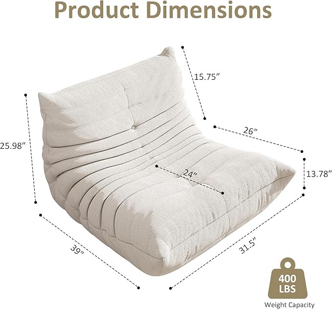 Bean Bag Chair, Oversized Bean Bag Chair for living Room, Fireside Chair for adults with Memory Foam Filled, Big Accent Sofa Lounge Floor Sofa for Gaming, Reading, Relax, No Assembly Required. (White)
