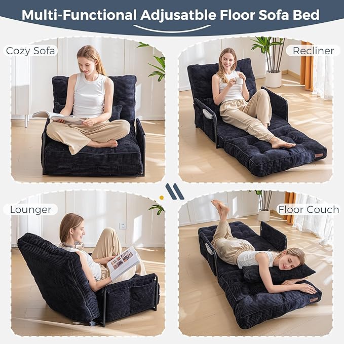 MAXYOYO Adjustable Floor Sofa Couch with Pillow, Multi-Functional Bean Bag Bed, 5-Position Foldable Lazy Sofa Sleeper Bed with Armrest, Versatile Floor Seating for Reading Gaming, Black, Single