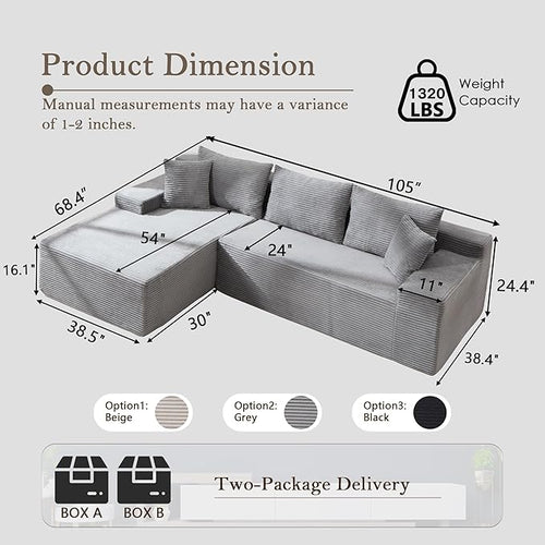 105’’ L-Shape Modular Sectional Sofa with Chaise, Convertible Cloud Couch, Corduroy Fabric & High-Density Memory Foam, No Assembly Required for Living Room (Grey, Left Facing Chaise)