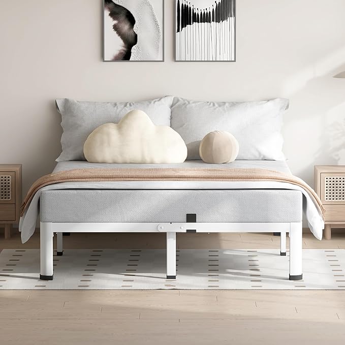 VIPSHOW 7 Inch White Queen Bed Frame, 3500Lbs Heavy Duty Metal Platform with Round Corner Legs Mattress Slide Stopper, Steel Slat Support No Box Spring Needed, Noise Free, Non-Slip, Easy Assembly