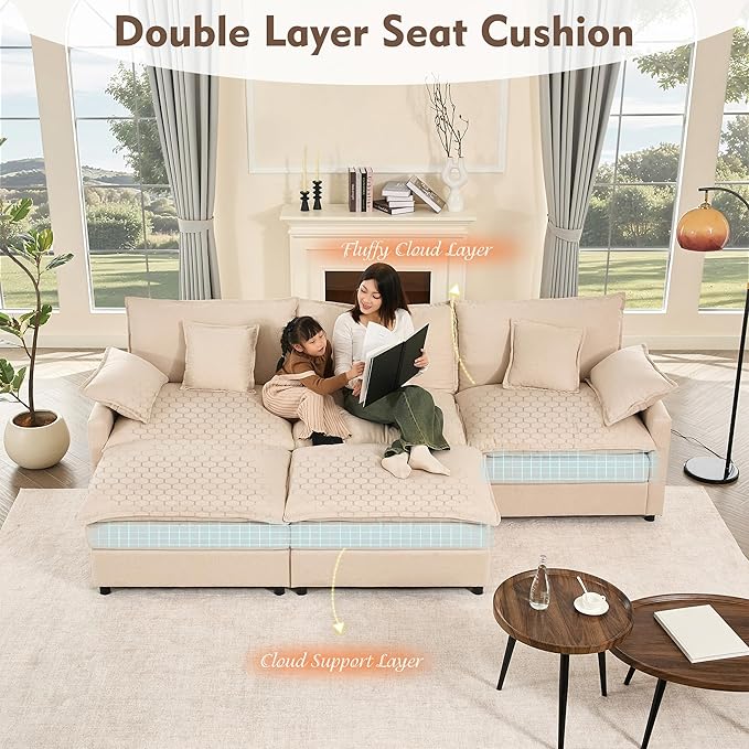 GOSUHI 108" U Shaped Couch, Modular Sectional Sofa, 3-Seater Comfy Cloud Couch with Movable Ottoman, Deep Seat Couches for Living Room, Linen, Beige