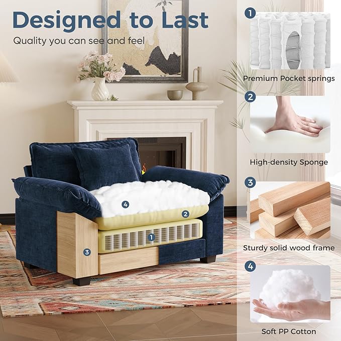HUSFU 49.5'' W Oversized Accent Chair, Chenille Cloud Sofa Chair with Deep Seat and Extra Wide Armrests, Comfy Reading Armchair for Bedroom, Living Room, Set of 2, Blue