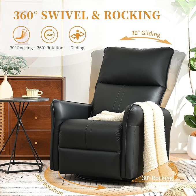 QKFF Swivel Rocker Recliner Chair, Upholstered 360° Fabric Leather Glider Rocker Chair for Nursery, Manual Small Recliners for Small Spaces Living Room Weight Capacity 300lbs
