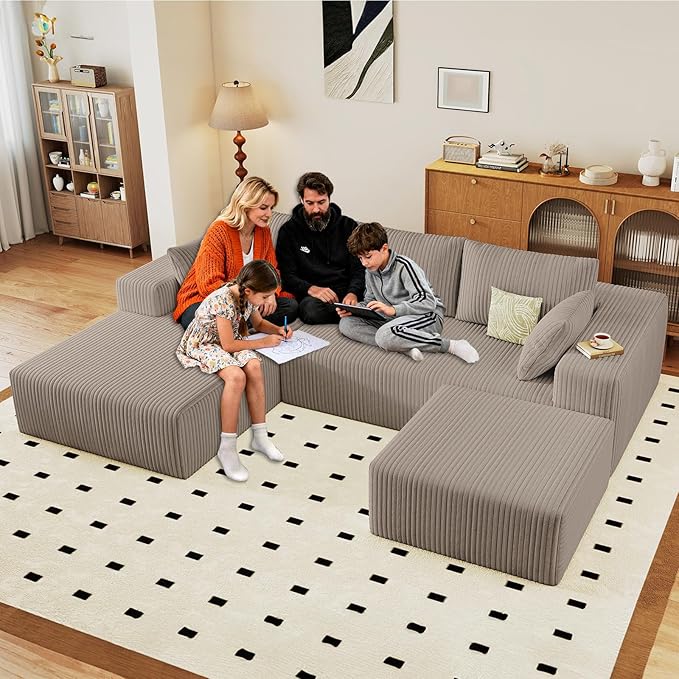 96" W Cloud Sectional Couch with Ottoman,Modern U-Shaped Cloud Couch with Deep Seat,Comfy Corduroy 3-Seater Sofa,Memory Foam Sofa for Living Room,No Assembly (Camel,Left-Facing Chaise)