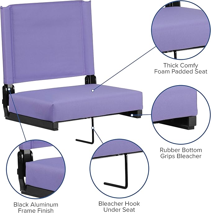 Flash Furniture Grandstand Portable Stadium Seats for Bleachers or Benches, Folding Padded Stadium Chairs with Handle, Pack of 2, 500 lb. Weight Capacity, Purple