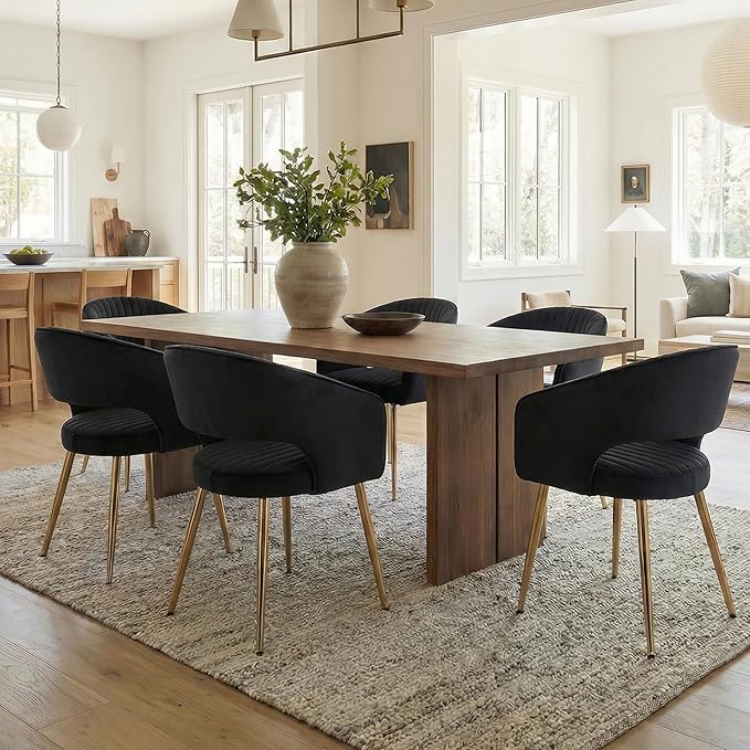 COMULER Black and Gold Velvet Dining Chairs, Modern Dining Room Chairs with Arms Set of 6 Upholstered Accent Chair Armchair with Barrel Back for Kitchen Living Room