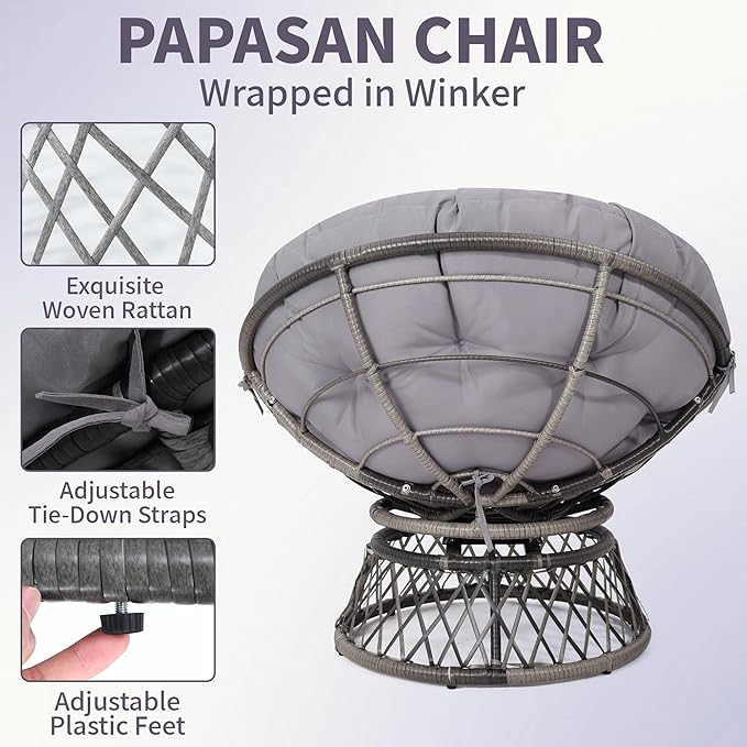Kromax 40" Ergonomic Wicker Papasan Chair, 360° Swivel Round Egg Chair with Soft Thick Cushion, Indoor Outdoor Use for Living Room, Bedroom, Reading Room, Grey Frame with Light Grey Cushion