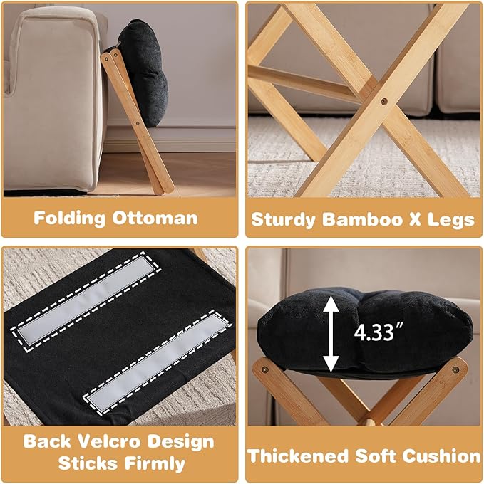 Ottoman Foot Rest- Bamboo Foldable Stool, Foot Stools Small Ottman with Upholstered & X Legs, Folding Stool for Makeup, Bedroom and Living Room (Black)