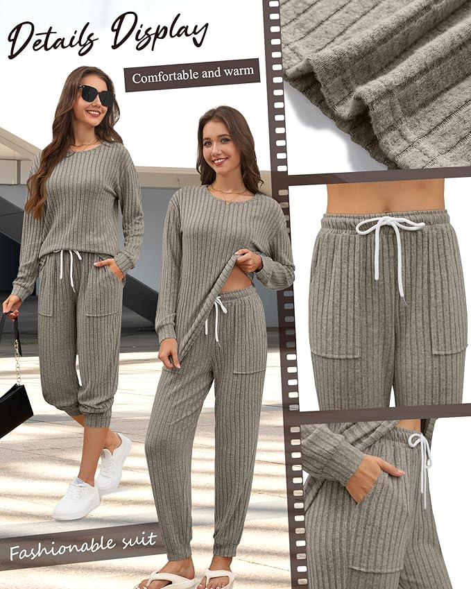 Sweetyweee Women's Ribbed Knit Lounge Sets 2 Piece Outfits Long Sleeve Pajamas Set Loungewear Sweatsuits Fall Pjs with Pocket