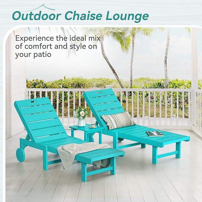 Homenjoy Outdoor Chaise Lounge Chairs with Table, 3-Piece, 26.8” Super Wide Lounge Chair Outdoor, HDPS Pool Chairs with 5 Positions, Patio Lounge Chair with Wheels for Pool,Lawn,Backyard, Aruba Blue