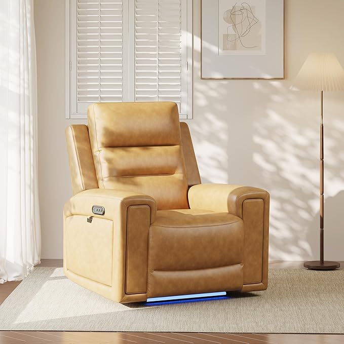 COLAMY Aura Triple Motors Power Recliner Chairs with USB and Type C Port, Home Theater Chair with LED Lights, Electric Wall Hugger Recliner for Living Room, Light Brown
