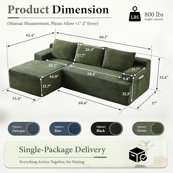 96" Sectional Couches for Living Room Cloud Couch Sofa with L-Shape Upholstered Boneless Couchs Modern Modular Sectional Couch with Chaise (Green, 96" W+Left Facing Chaise+2Seaters)