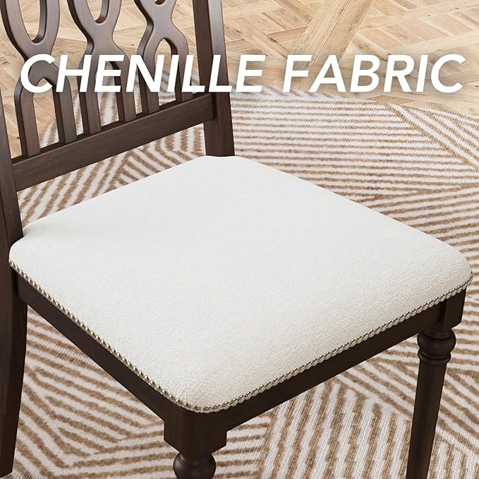 chairus Farmhouse Dining Chairs Set of 6, French Country Vintage Wooden Dining Room Chairs with Lattice Back & Turned Legs, Rustic Chenille Upholstered Nailhead Trim Side Kitchen Chairs, Walnut Brown