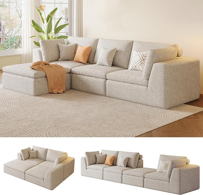 109" Oversized L Shaped Modular Sectional Sofa,Cloud Sectional Couch with Ottoman Deep Seat,Boneless Memory Foam Sofa for Living Room,Teddy Fleece Fabric, No Tools Assembly Required (Beige,1 Ottoman)