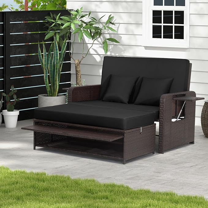 RELAX4LIFE Wicker Patio Outdoor Daybed - Rattan Day Bed Lounger with Loveseat & Storage Ottoman, Sunbed Sofa Set w/Cushions, 4-Level Adjustable Backrest & 2 Retractable Trays, Patio Daybed (Black)