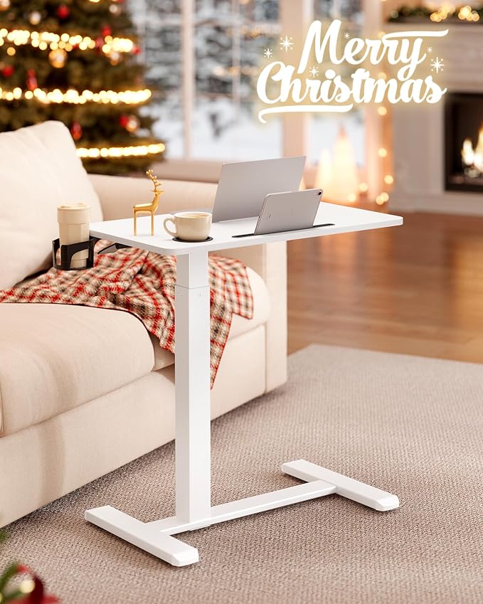 VASAGLE Overbed Table with Wheels, Mobile Standing Computer Desk, 27.6 x 15.7 Inches Tabletop, Adjustable Height, 2 Cup Holders, Phone and Tablet Slot, Cloud White ULSD600W01
