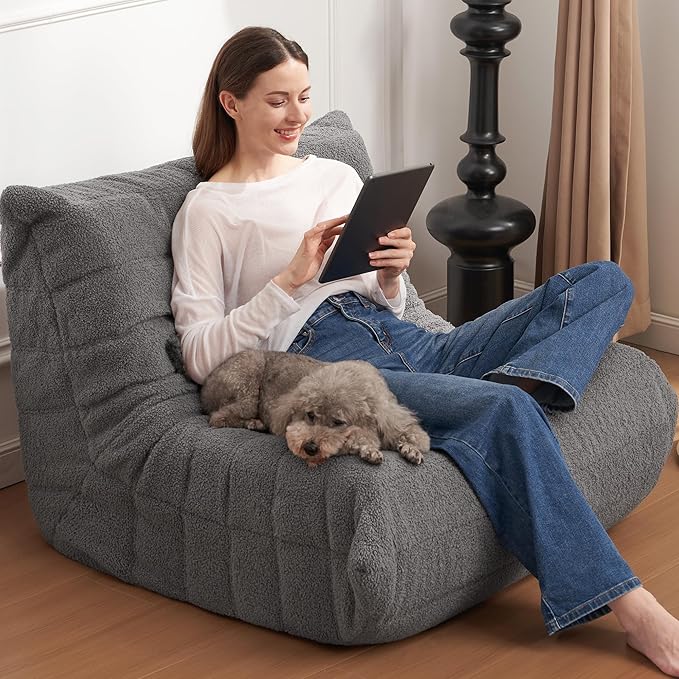 Bean Bag Chair Big Sofa Beanbag Chair for Adults Fireside Chair Bean Bag Lounger with Memory Foam Filled for Home,Apartment or Gaming Venue (Darkgrey Teddy)
