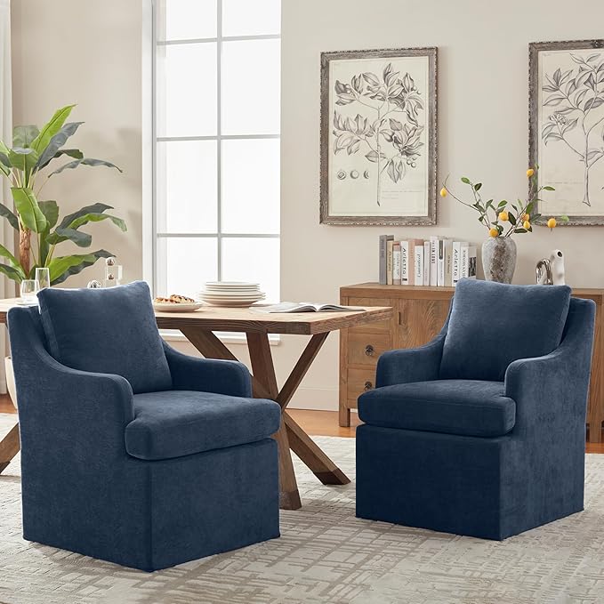 VKNOW Upholstered Dining Chairs Set of 4, Linen Kitchen Chair Dinner Chair with 4 Casters, Modern Armchair for Bedroom Reading Room Living Room, Navy