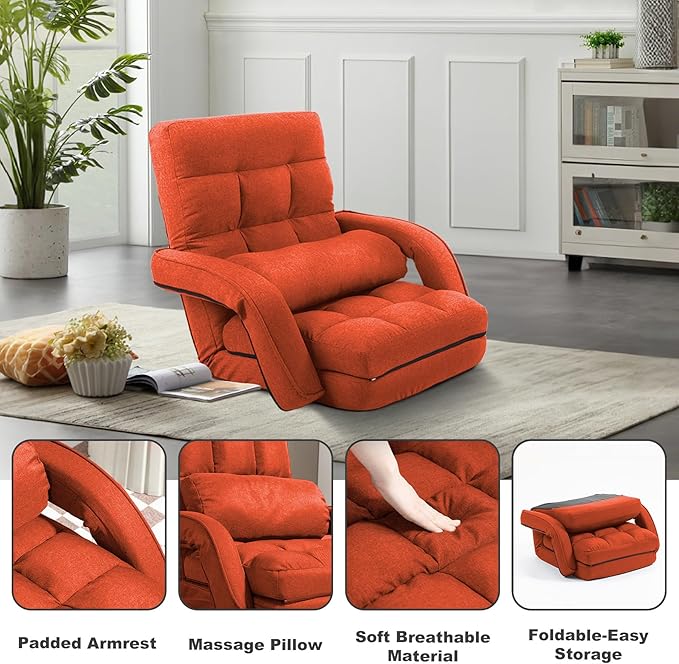 Indoor Floor Chair with Armrest and Pillow Folding Chaise Lounge Sofa 14-Position Adjustable Comfy Gaming Recliner Chair Padded Seats for Adults (Orange)