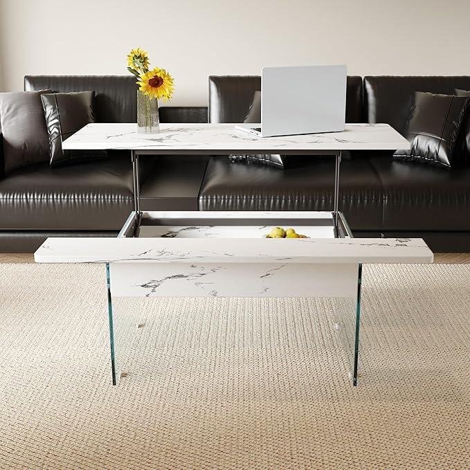 HanStrong 43.3" Lift-Top Coffee Table with Storage,Marble & Tempered Glass Space-Saving for Living Room,Office,White