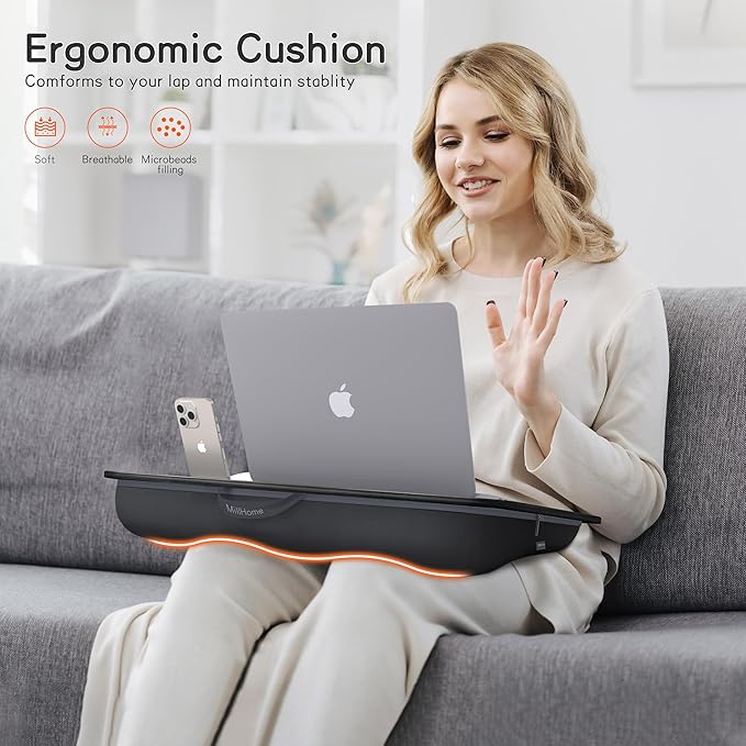 Lap Desk, Lap Desk with Cushion, Fits up to 17 inch Laptop, Pillow Designed, Portable Laptop Stand with Tray, Pad & Phone Holder, Home Office for Bed/Couch/Car/Reading/Writing,MillHome (Black)