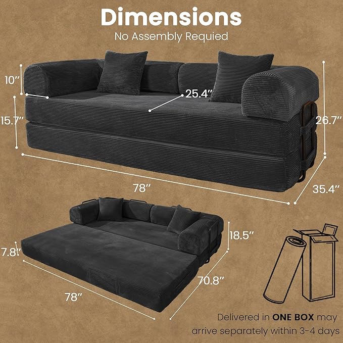79" Convertible Sofa Bed, Boneless Corduroy Sleeper Foldable Modular Couch, Memory Foam Compressed Sofa in A Box, Folding Mattress Floor Couch for Small Space Living Room Apartment Bedroom, Black
