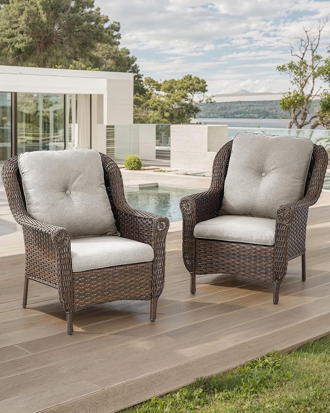 ACTREST Patio Wicker Chairs Outdoor Furniture Chair - Set of 2 Outside All Weather Lawn Dining Brown Rattan Armchair with High Back&Deep Seating for Deck Porch Balcony Backyard Garden - Beige