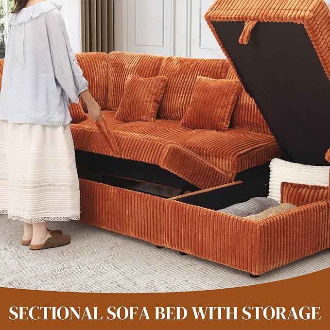 Modular Sectional Sleeper Sofa with Pull Out Bed, Storage Chaise & USB Charging, U Shaped Plush Corduroy Orange Sectional Couches for Living Room, Comfy Convertible 7 Seat Cloud Sofa Bed Orange
