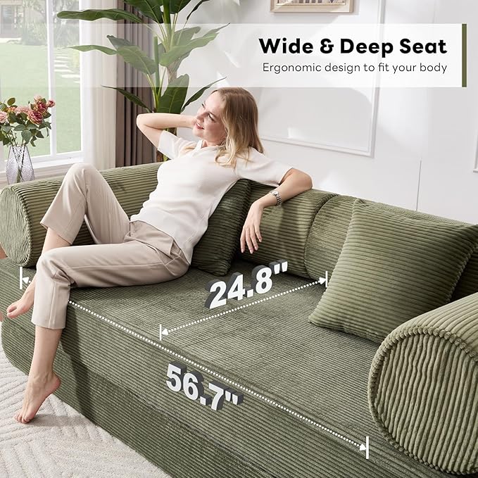 Tbfit Boneless Sofa Bed, Corduroy Compress Couch with Wide Armrests & 2 Pillows, Deep Seat Couches for Living Room