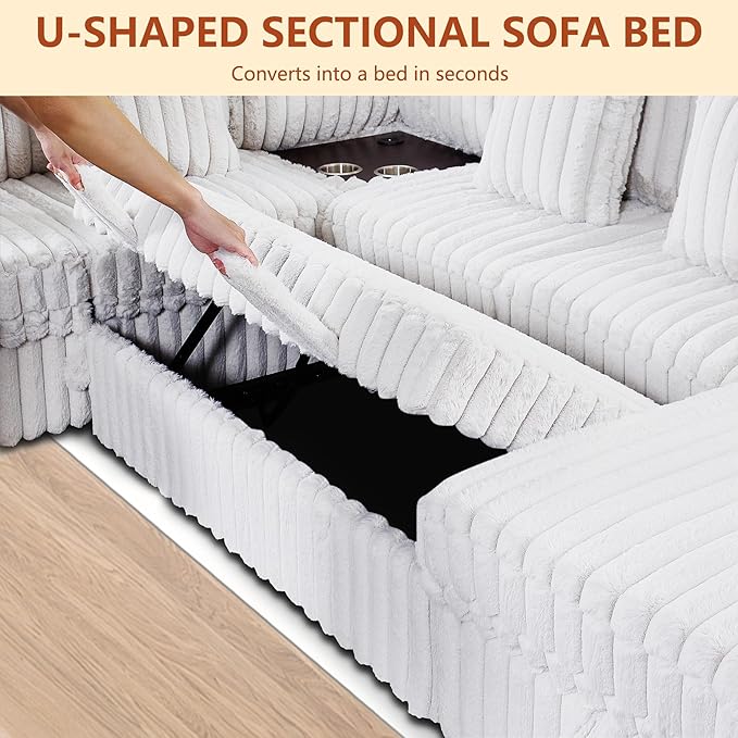 Modular Sectional Sleeper Sofa with Pull Out Bed, Storage Chaise & USB Charging, U Shaped Plush Corduroy Sectional Couches for Living Room, Comfy Convertible 7 Seat Cloud Sofa Bed, Grey