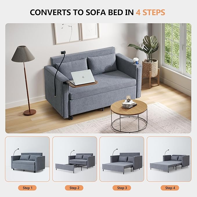 ORRD Pull Out Sofa Bed, 2-in-1 Multi-Functional Sleeper Couch Small Loveseat Bed with Hidden Side Table, Phone Holder and Cup Holder for Living Room, Small Space, Apartment (Grey)