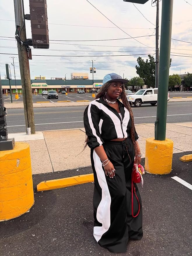 Women Striped 2 Piece Outfits Fall Workout Sets Windbreaker Tracksuit Crop Jacket Wide Leg Pants with Pockets