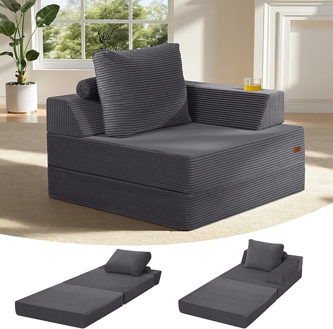 COMAX Folding Sofa Bed, Foldable Couch for Bedroom, Corduroy Convertible Floor Sleeper Futon Chair Foam, 3 in 1 Fold Out Chair Portable Comfy Lounge Couch Single Sofa Bed for Small Space Guest Room