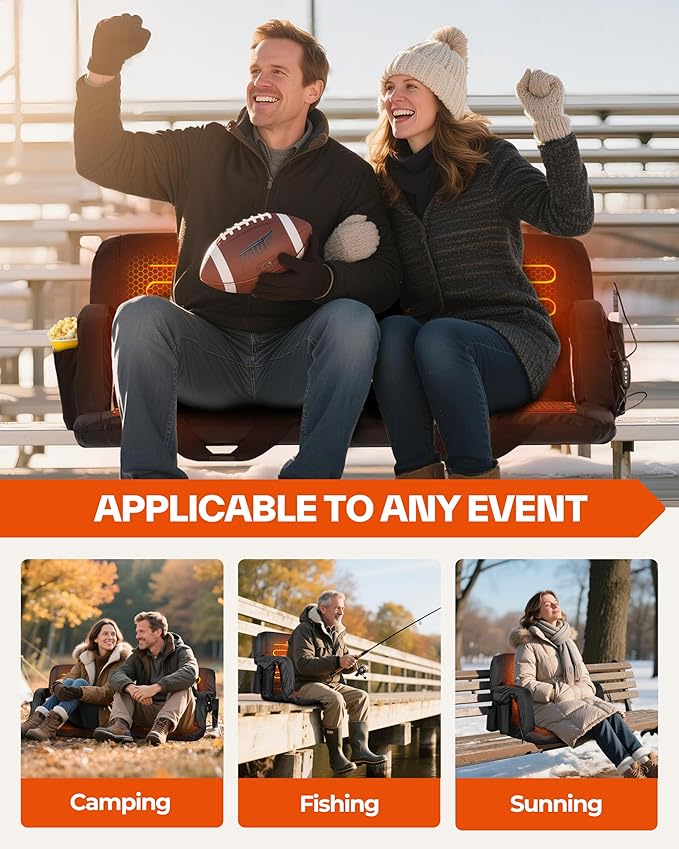 Sportneer Heated Stadium Seats for Bleachers: 3 Heated Modes 6 Reclining Positions Stadium Seats with Back Support for Sport Events Camping Parks Concerts