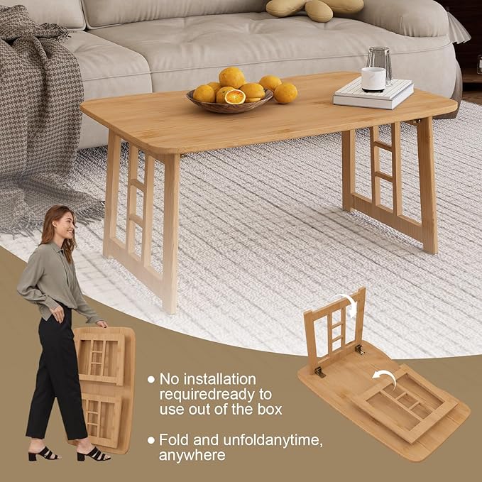 Japanese Bamboo Folding Floor Table for Sitting on Floor, Tatami Table Foldable, No Assembly, Low Tables for Small Spaces Living Room/Portable Zen Chabudai for Meditation - Light Brown