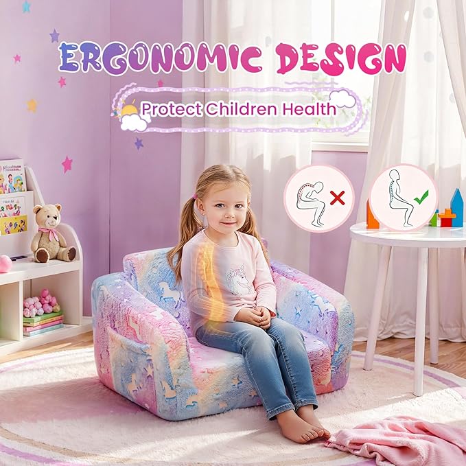 Lamerge 2-in-1 Soft Toddler Couch Fold Out,Foldable Toddler Chair, Glow in The Dark Kids Sofa for playroom,Convertible Foam and Floor Cushion for Boys and Girls (Rainbow and Unicorn)