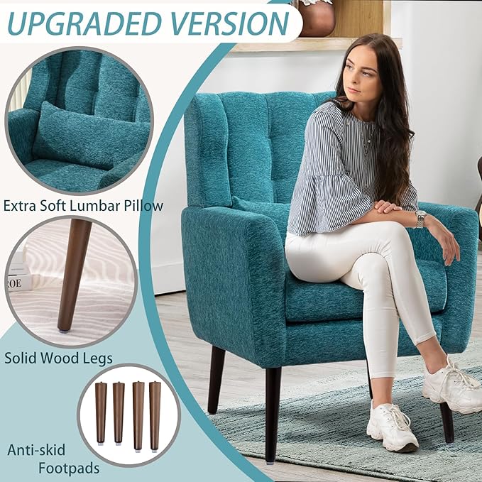 QKFF Accent Chair Set of 2, Upholstered Armchair with Pillow, Fabric Single Sofa Chair with Lounge Seat and Wood Legs Accent Chair for Living Room Small Spaces (Teal)