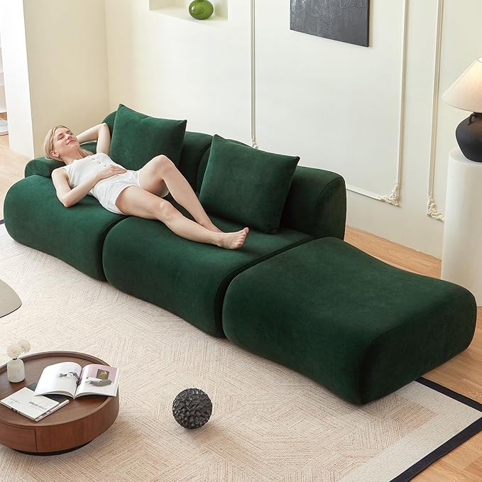Boneless Couch for Living Room-114 Green Cloud Couch with Movable Ottoman,L-Shaped Comfy Sofa for Bedroom,No Assembly Required,Low -Profile Sofa