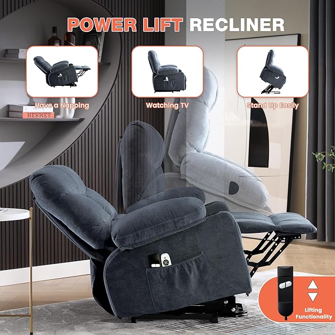Power Lift Recliner Chair for Elderly with Vibration Massage and Lumbar Heating, Electric Lift Recliner Single Sofa with Side Pocket, Two Cup Holders and USB Charge Port for Living Room