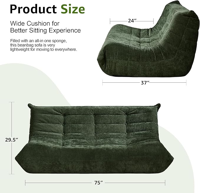 Bean Bag Chairs for Adults Giant Bean Bag Chair Memory Foam BeanBag Chair Bean Bag Sofa with Filler Faux Fur Fireside Beanbags Lazy Sofa for Living Room Bedroom Office (Green Chenille, 3-Seater)